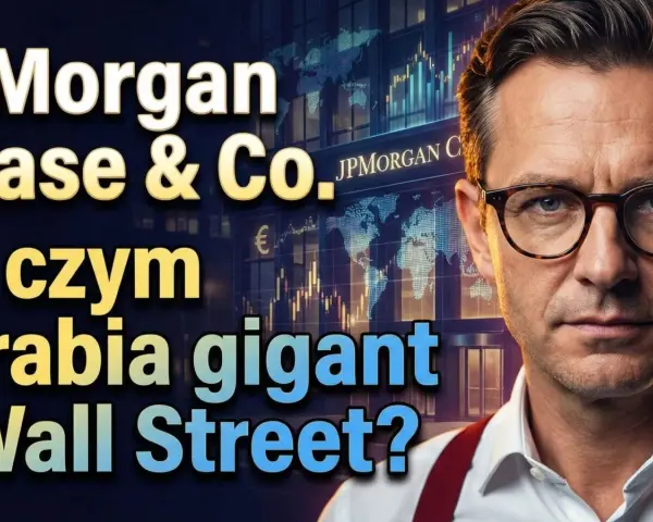 Portret mężczyzny w okularach na tle wykresów giełdowych i logo JPMorgan Chase & Co. Analiza jp morgan akcje.