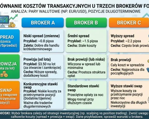 Porównanie kosztów u brokerów Forex: niski, średni i wysoki spread. Wybór zależy od strategii, np. scalping vs. trading długoterminowy.