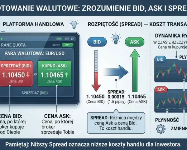 Ilustracja wyjaśnia pojęcia BID, ASK i Spread na platformie handlowej. Broker oferuje kursy kupna i sprzedaży, a różnica między nimi to Spread, czyli koszt transakcji.