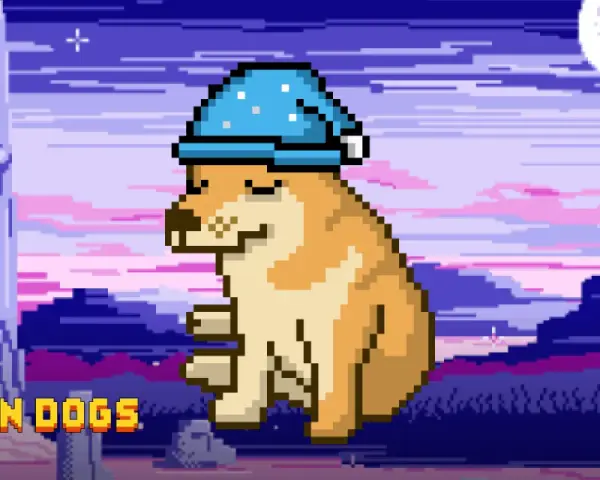 Pixelowy piesek w czapce do spania, symbol bitcoin dogs, odpoczywa pod księżycem.
