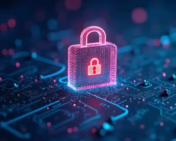 Neonowy symbol kłódki na tle obwodów drukowanych. Idealny na materiały promujące kurs jasmy o bezpieczeństwie cyfrowym.