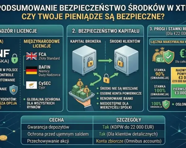 Grafika przedstawia podsumowanie bezpieczeństwa środków w XTB, z logo KNF (Polska) i informacjami o licencjach.