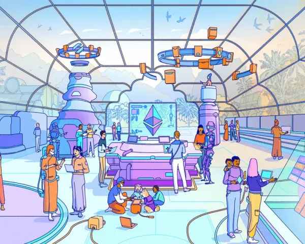 Ludzie w futurystycznym centrum technologicznym dyskutują o kryptowalutach, w tym o tym, czym jest ERC20.