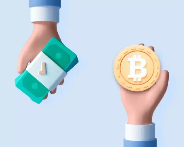 Dwie dłonie: jedna trzyma stos banknotów, druga monetę bitcoin. Dowiedz się, jak sprzedać bitcoin bez podatku.