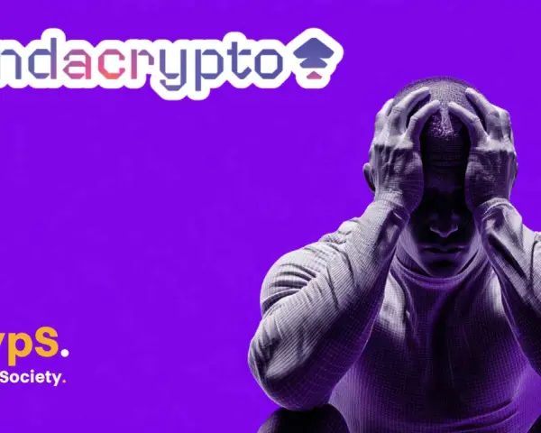 Zondacrypto i Cryps. Crypto. Society. na fioletowym tle. Mężczyzna w siatce 3D trzyma się za głowę, symbolizując stres związany z rynkiem kryptowalut, być może z powodu wahań wartości znd token.