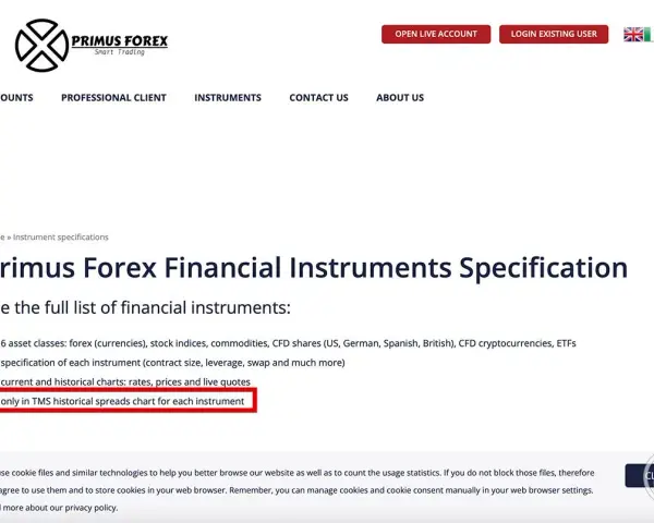 Strona Primus Forex, gdzie lista instrumentów zawiera "only in TMS historical spreads chart". Uważaj na tms brokers oszuści.