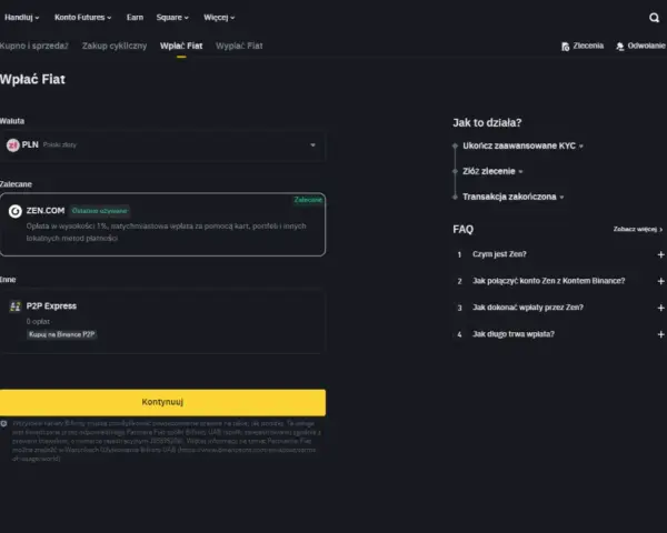 Wybierz metodę wpłaty PLN na Binance, aby udokumentować zakup kryptowalut. Dostępne opcje to ZEN.COM i P2P Express.
