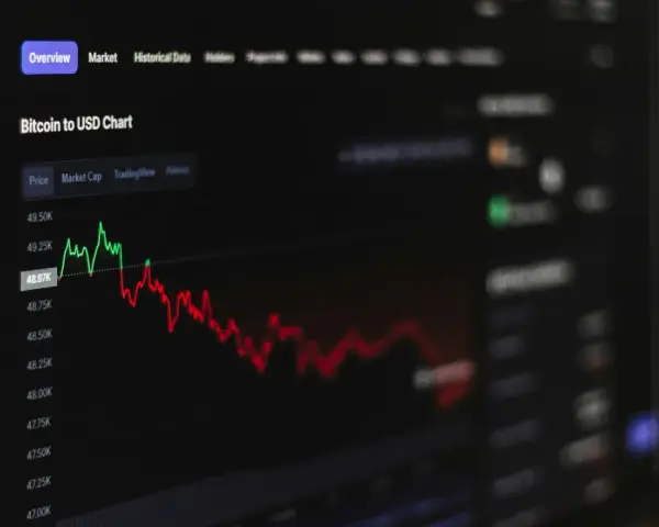 Wykres ceny Bitcoina do USD pokazuje znaczący spadek kryptowalut. Czerwona linia ilustruje trend spadkowy.