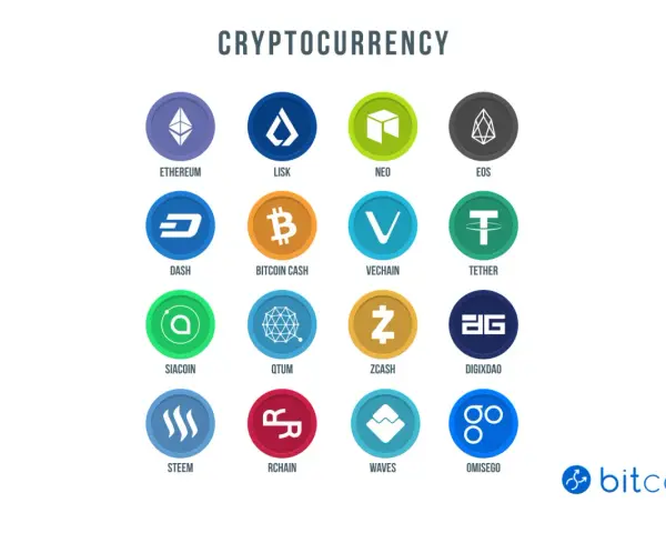 Kolekcja ikon przedstawiająca nazwy kryptowalut: Ethereum, Lisk, Neo, EOS, Dash, Bitcoin Cash, VeChain, Tether, Siacoin, Qtum, Zcash, DigixDAO, Steem, Rchain, Waves, OmiseGo.