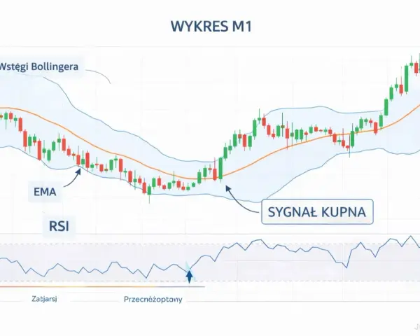 Wykres świecowy z wstęgami Bollingera, EMA i RSI. Analiza techniczna pokazuje sygnał kupna.