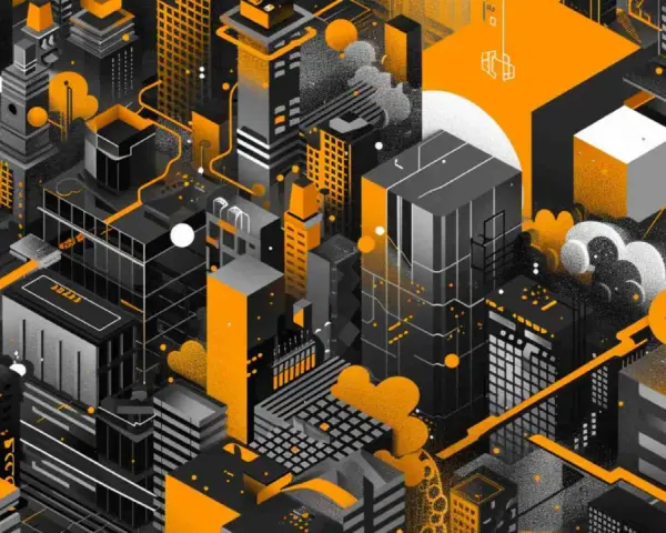 Stylizowana metropolia w odcieniach czerni, bieli i pomarańczy. Widać tu futurystyczne budynki, które mogą symbolizować rozwój technologii, jak np. xdc kurs.