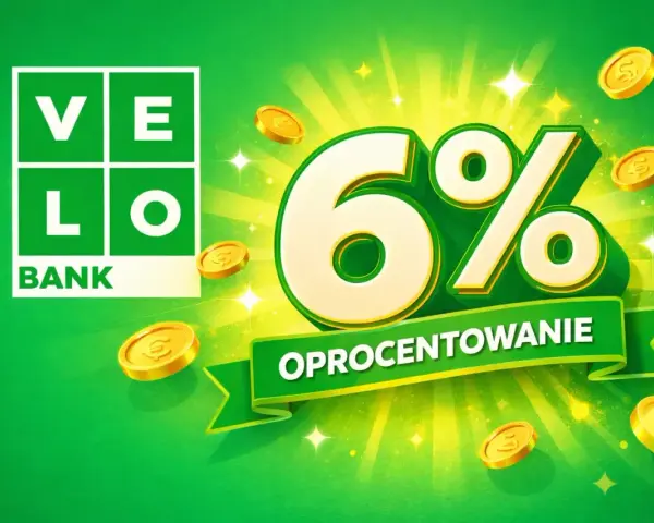 VELO BANK: konto oszczędnościowe z oprocentowaniem 6%. Złote monety i błyski symbolizują zysk.