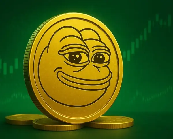 Złota moneta z wizerunkiem Pepe na tle zielonego wykresu świecowego. Pepe coin wykres pokazuje potencjalny wzrost.
