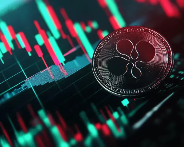 Moneta kryptowaluty Ripple (XRP) na tle wykresu świecowego. Analiza wykresów i prognozy cen kryptowalut to klucz do sukcesu w tym dynamicznym game.