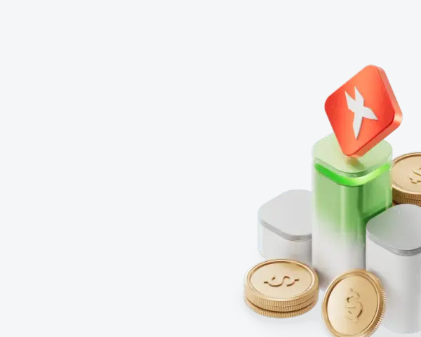 Ikona XTB stop loss na zielonym postumencie, otoczona złotymi monetami.