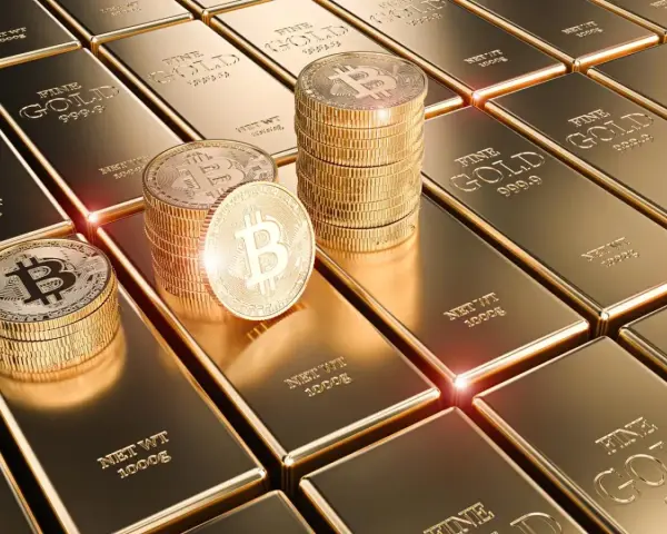 Złote sztabki i monety z symbolem Bitcoina, symbolizujące przyszłość finansów, gdzie fiat crypto staje się rzeczywistością.