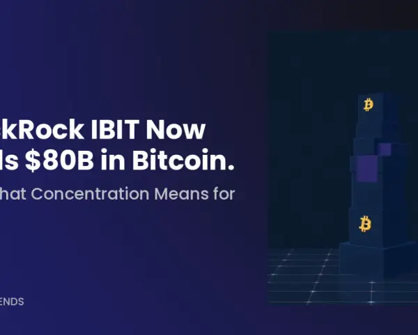BlackRock IBIT trzyma 80 mld dolarów w Bitcoinie. Wieża z symbolami BTC symbolizuje ogromną inwestycję.