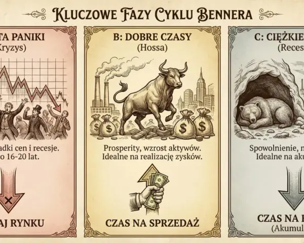 Ilustracja przedstawia kluczowe fazy cyklu Bennera: panikę (spadki, unikanie rynku), dobre czasy (hossa, sprzedaż) i ciężkie czasy (recesja, kupno).