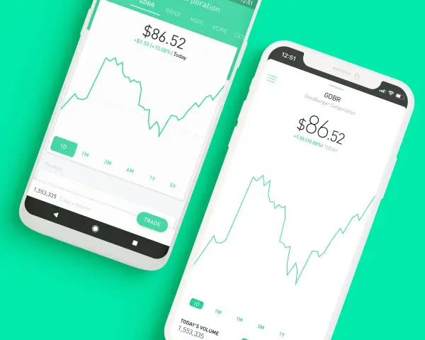 Dwa ekrany smartfonów z interfejsem aplikacji inwestycyjnej, podobnej do Robin Hood. Wykresy giełdowe i dane finansowe.