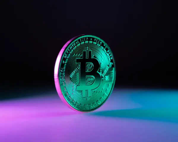 Błyszczący, zielony bitcoin na tle fioletowo-niebieskiego światła. Symbolizuje przyszłość finansów i potencjalny wzrost wartości bit usd.