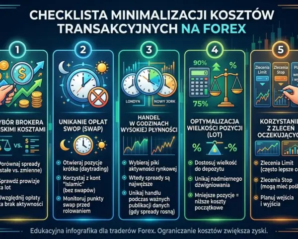 Checklista minimalizacji kosztów transakcyjnych na Forex: wybór brokera, unikanie opłat swap, handel w godzinach płynności, optymalizacja lotów, zlecenia oczekujące. Punkty swapowe XTB są kluczowe.