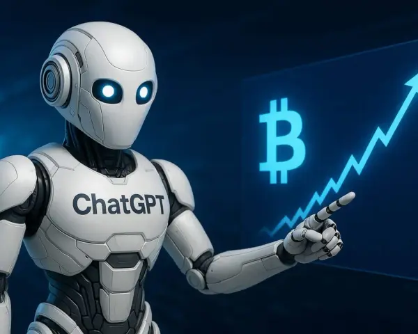 Robot ChatGPT wskazuje na wykres wzrostu Bitcoina, symbolizując potencjał kryptowalut i sztucznej inteligencji w finansach.