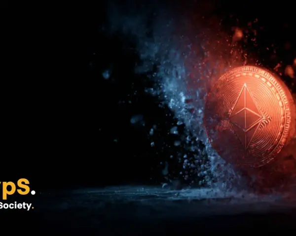 Moneta Ethereum wybija się z mroku, otoczona niebieskim i czerwonym pyłem. Najnowsze ethereum wiadomości w zasięgu ręki.