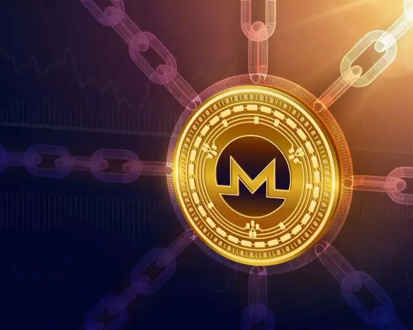 Złota moneta Monero (XMR) połączona łańcuchami z cyfrowym tłem, sugerująca handel i inwestycje w kryptowaluty, np. z polskim PLN.