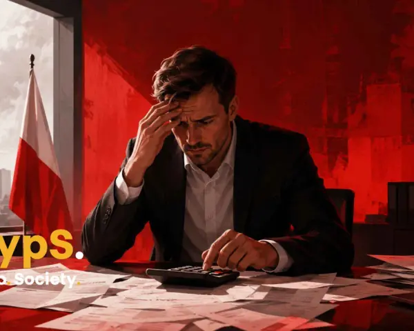 Zmartwiony mężczyzna liczy coś na kalkulatorze. Obok polska flaga. Może to nauka kursu Aave?
