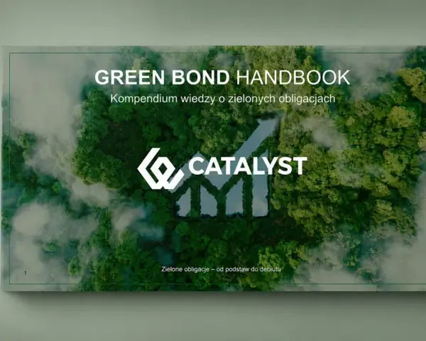 Zielone obligacje: podręcznik wiedzy od Catalyst. Grafika przedstawia las i symbol wzrostu, symbolizując ekologiczne akcje.