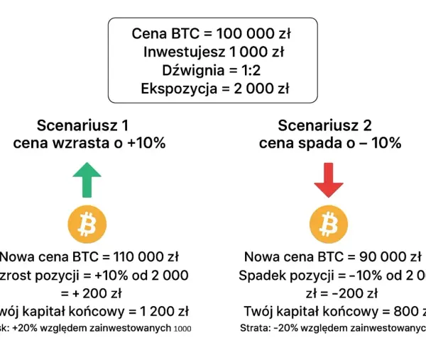 Symulacja zysków i strat z bitcoin cfd: wzrost o 10% daje 1200 zł, spadek o 10% to strata 800 zł.