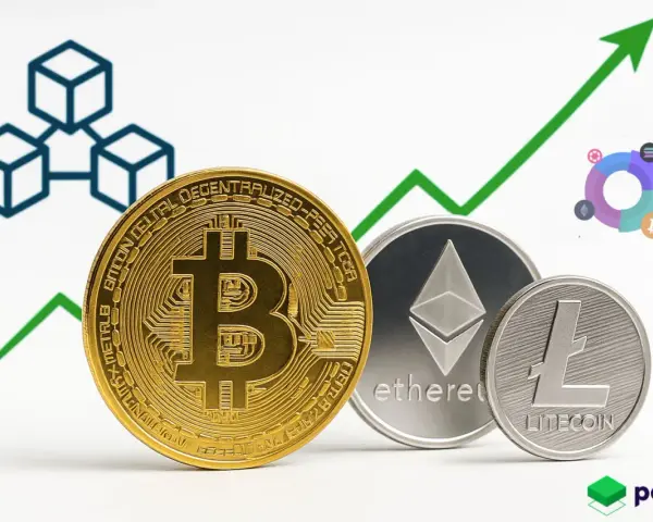 Monety Bitcoin, Ethereum i Litecoin na tle wykresu wzrostu. Symbol blockchain i wykres kołowy sugerują inwestycje w kryptowaluty.