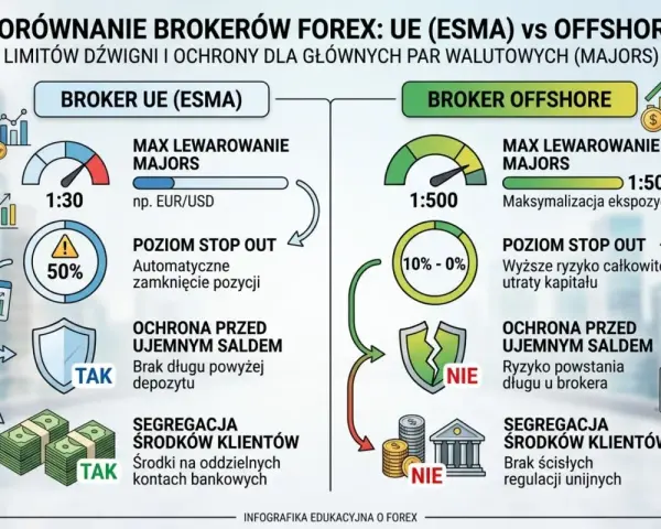 Porównanie brokera UE (ESMA) i brokera offshore: dźwignia, stop out, ochrona przed ujemnym saldem i segregacja środków.