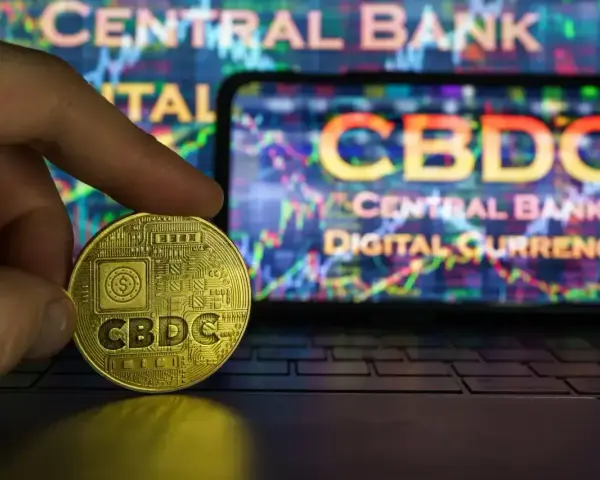 Złoty żeton z napisem CBDC w dłoni, na tle ekranu z wykresem i napisem "CENTRAL BANK DIGITAL CURRENCY". Potencjalne zagrożenia CBDC.