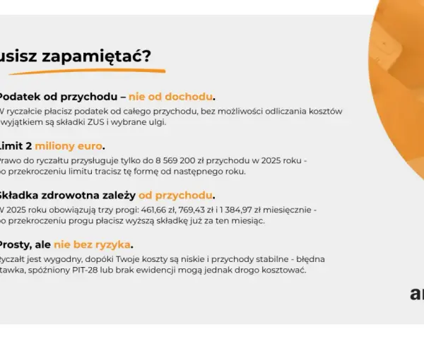 Ryczałt 2026: podatek od przychodu, limit 2 mln euro, składka zdrowotna zależna od dochodu. Pamiętaj o ryzyku!