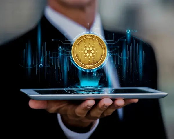 Biznesmen analizuje kurs Cardano (ADA) na tablecie, widząc wykresy i dane.