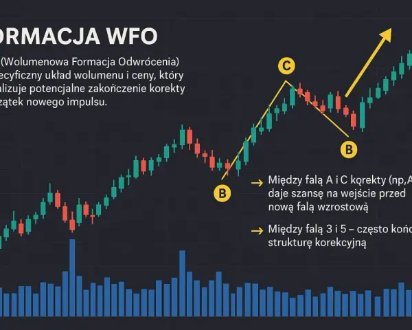 Wykres świecowy z formacją WFO, wskazującą na odwrócenie trendu. Unikaj wash trading, analizując wolumen i cenę.