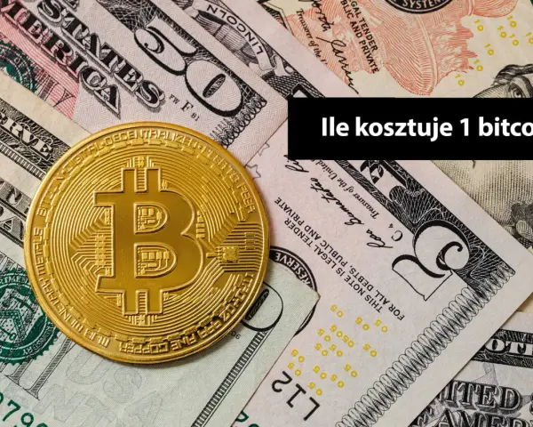 Złoty symbol bitcoina leży na stosie banknotów dolarowych. Pytanie brzmi: "Ile kosztuje 1 bitcoin?".