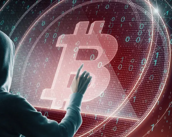 Osoba w kapturze dotyka symbolu Bitcoina na tle kodu binarnego. Czy to ślad po majątku Satoshi Nakamoto?