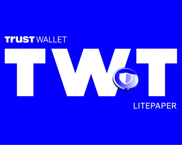 Trust Wallet TWT token z tarczą i napisem Litepaper na niebieskim tle.