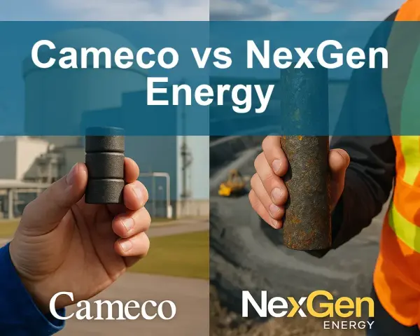Porównanie materiałów: Cameco vs NexGen Energy. Ręka trzymająca próbkę uranu od Cameco na tle elektrowni jądrowej. Druga ręka trzymająca rudę od NexGen Energy na tle kopalni.