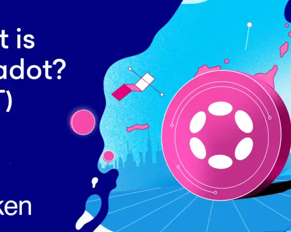 Co to Polkadot (DOT)? Grafika przedstawia dużą, różową monetę z białymi elipsami, symbolizującą kryptowalutę. W tle widać abstrakcyjny krajobraz miejski i elementy nawiązujące do technologii.