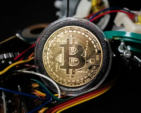 Złoty Bitcoin w otoczeniu kabli i elektroniki, symbolizujący darmowe kopanie kryptowalut.