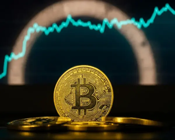 Złoty bitcoin na tle wykresu. Kto by pomyślał, ile kosztował bitcoin w 2010 roku, patrząc na ten wzrost!