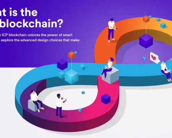 Grafika ilustruje, icp co to jest: blockchain z ludźmi i kostkami, symbolizującymi smart kontrakty i technologię.