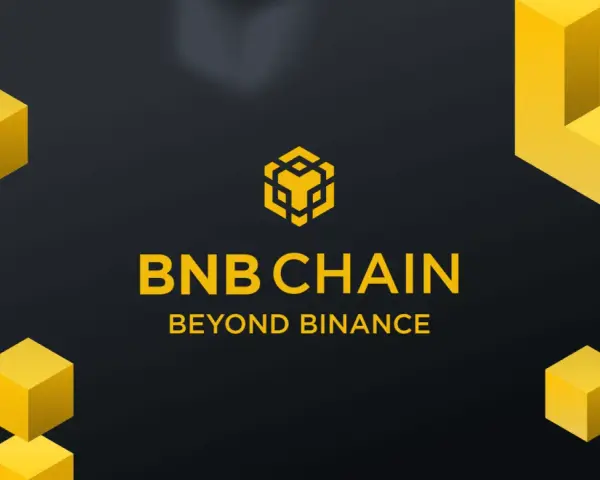 Żółte, geometryczne kształty otaczają logo BNB CHAIN. To wizualizacja przyszłości zdecentralizowanych technologii.