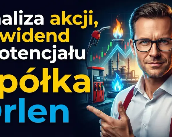 Analiza akcji Orlen: dywidendy i potencjał wzrostu. Mężczyzna w okularach wskazuje na wykresy giełdowe i rafinerię.