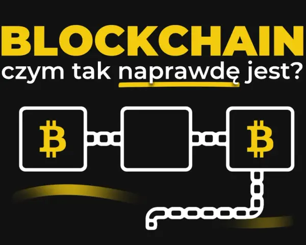 Grafika wyjaśnia, co to blockchain, pokazując połączone bloki z symbolem Bitcoina.