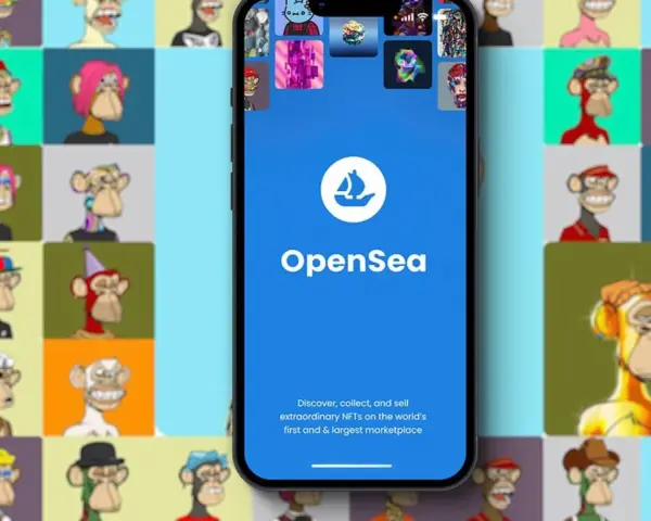Aplikacja OpenSea na telefonie, otoczona siatką NFT z małpami. Dowiedz się, jak zrobić NFT i zacznij kolekcjonować!