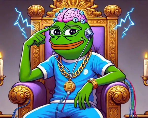Pepe z mózgiem podłączonym do tronu, w złotym łańcuchu i słuchawkach, symbolizuje potęgę pepe usd.